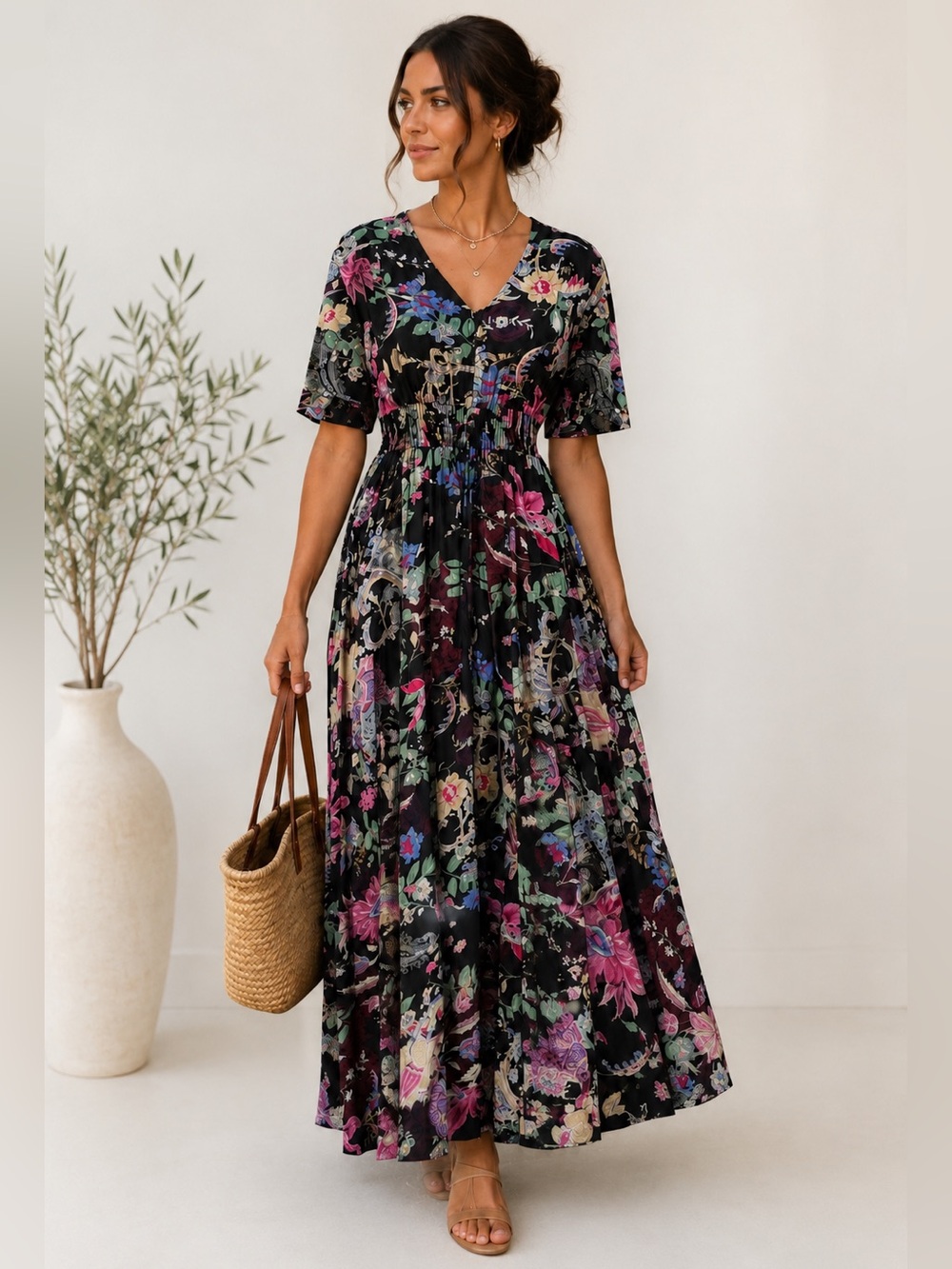 Floral V-Neck Maxi Dress in Black With Multicolor Flowers